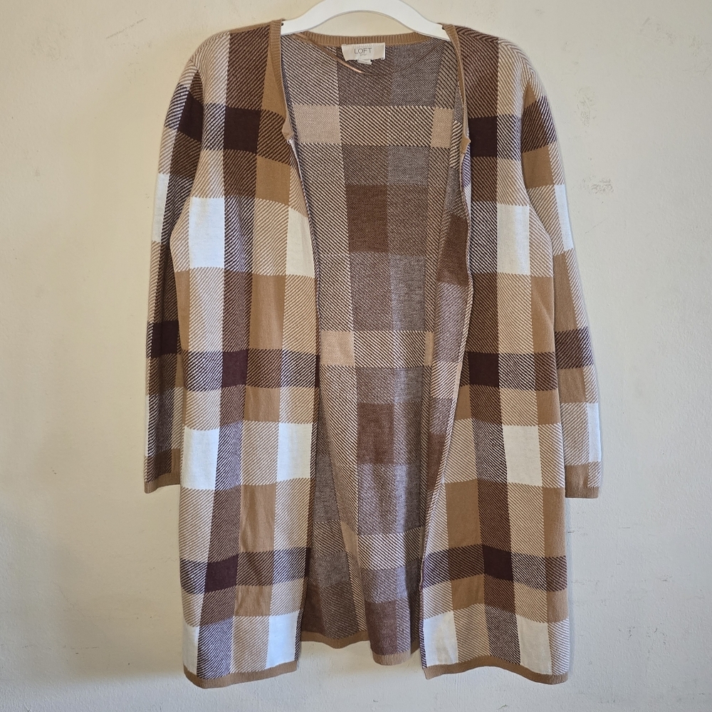 LOFT Plaid Cardigan Sweater Jacket Women's Size XS Brown Tan White Open Front
